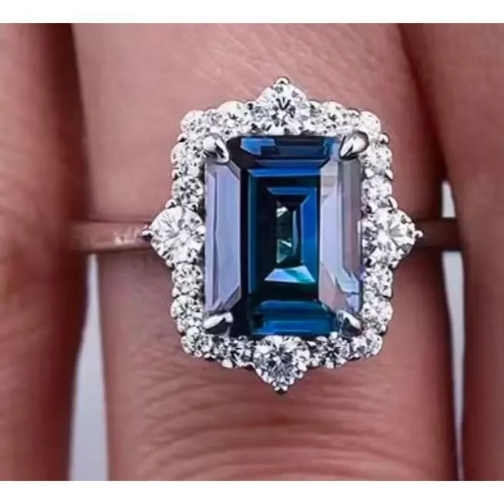 CERTIFIED Genuine Blue & White Moissanite Emerald Cut Halo Engagement Ring #8